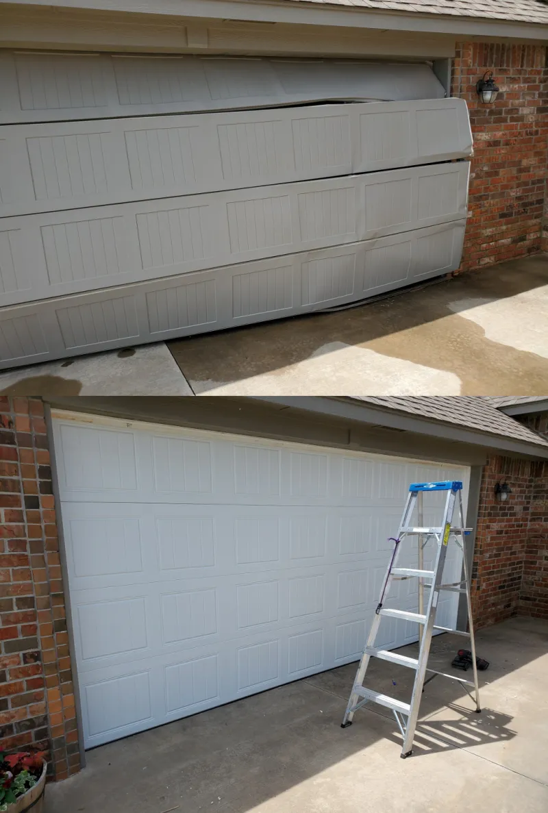 Garage door repair, before and after